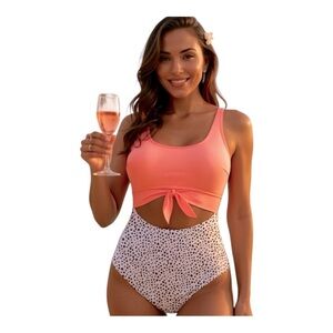 Eomenie One Piece Swimsuit XL Light Pink Print – Tummy Control Cutout